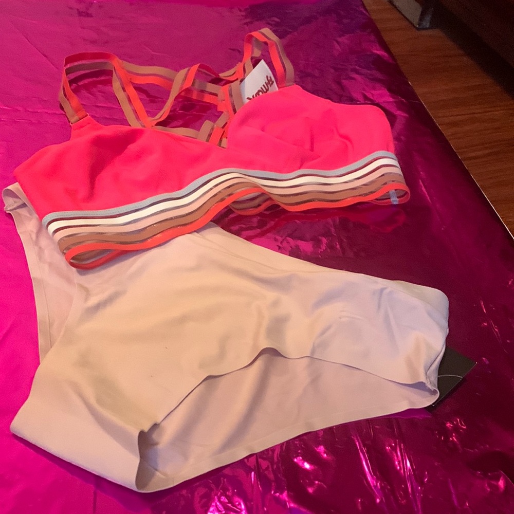 Ladies Bra,hot pink cris-cross back, with lavender panties .